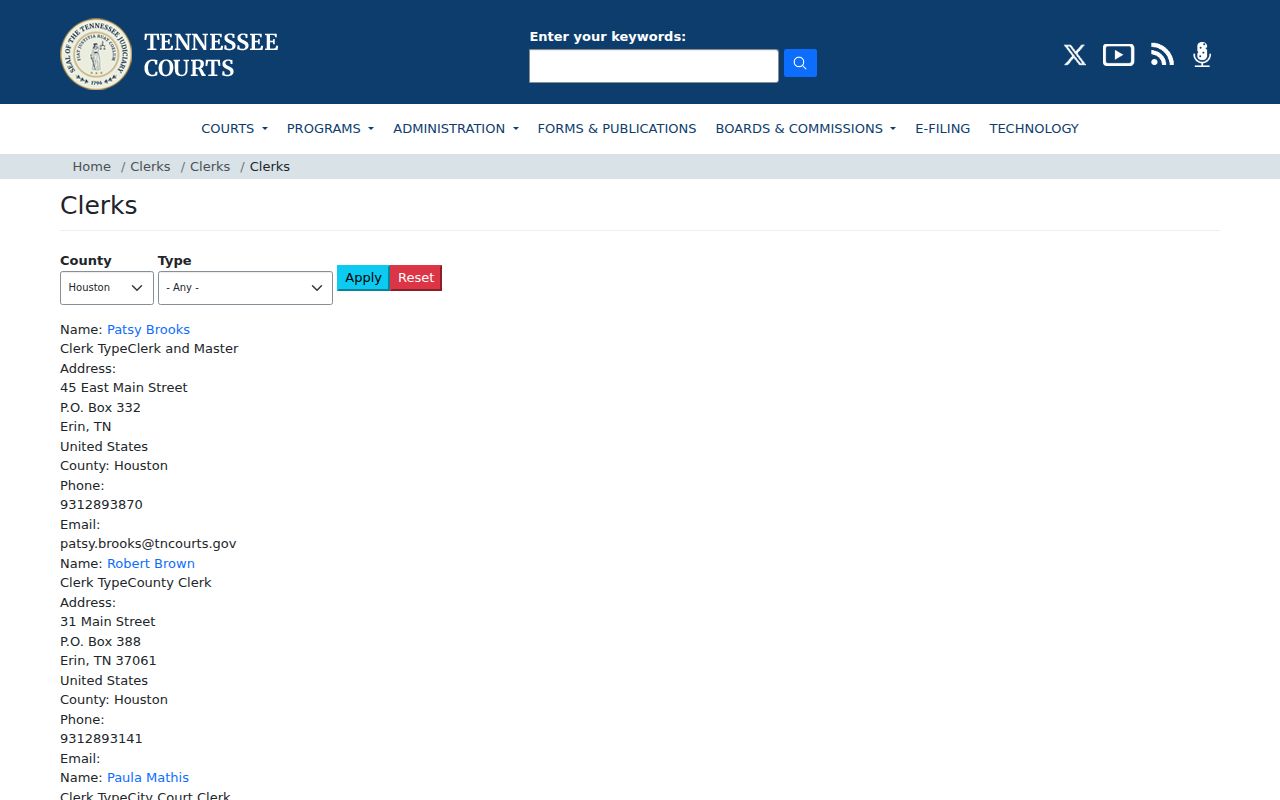 AOC clerk directory for Houston County court docket offices