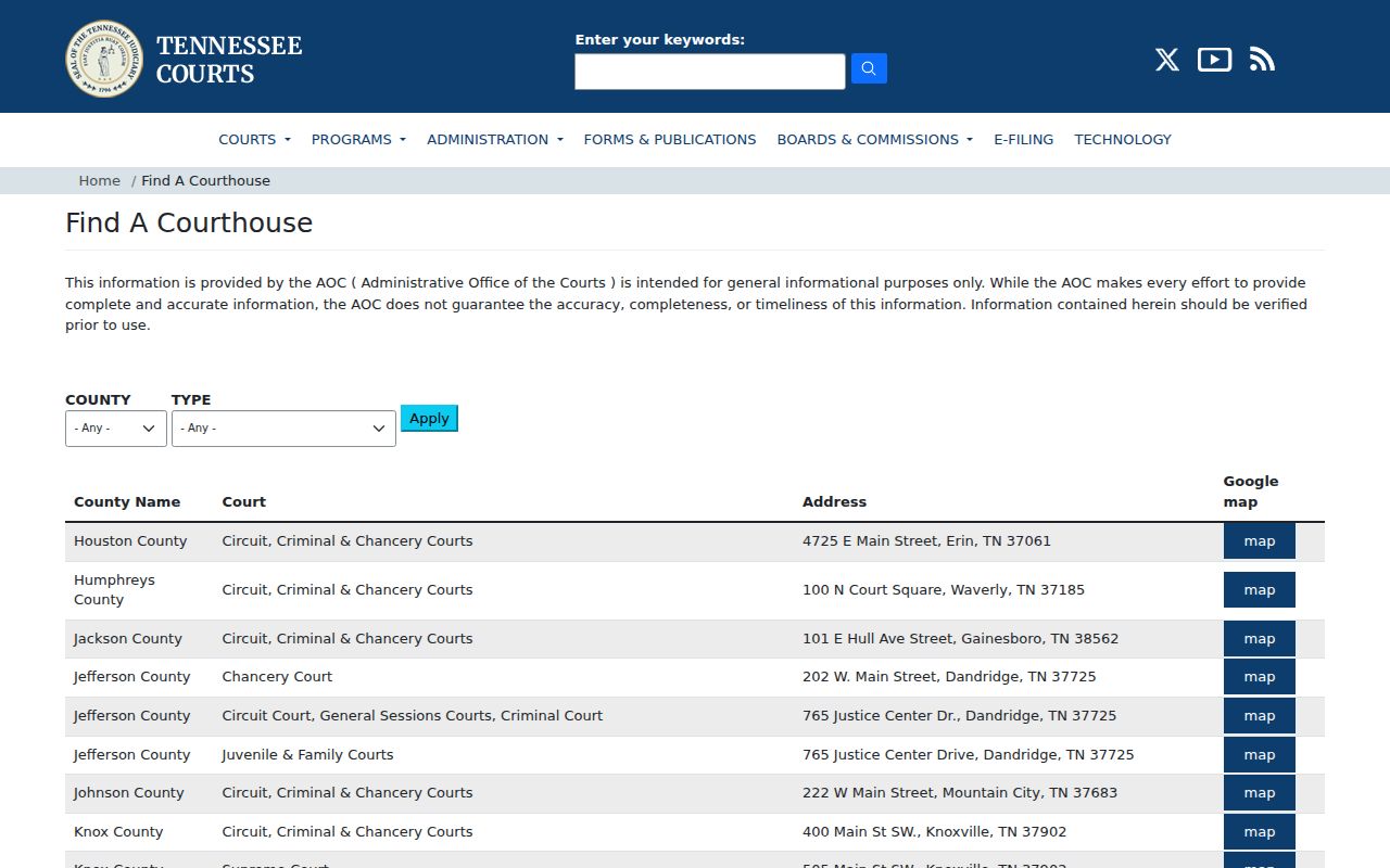 AOC courthouse directory for Houston County court docket offices