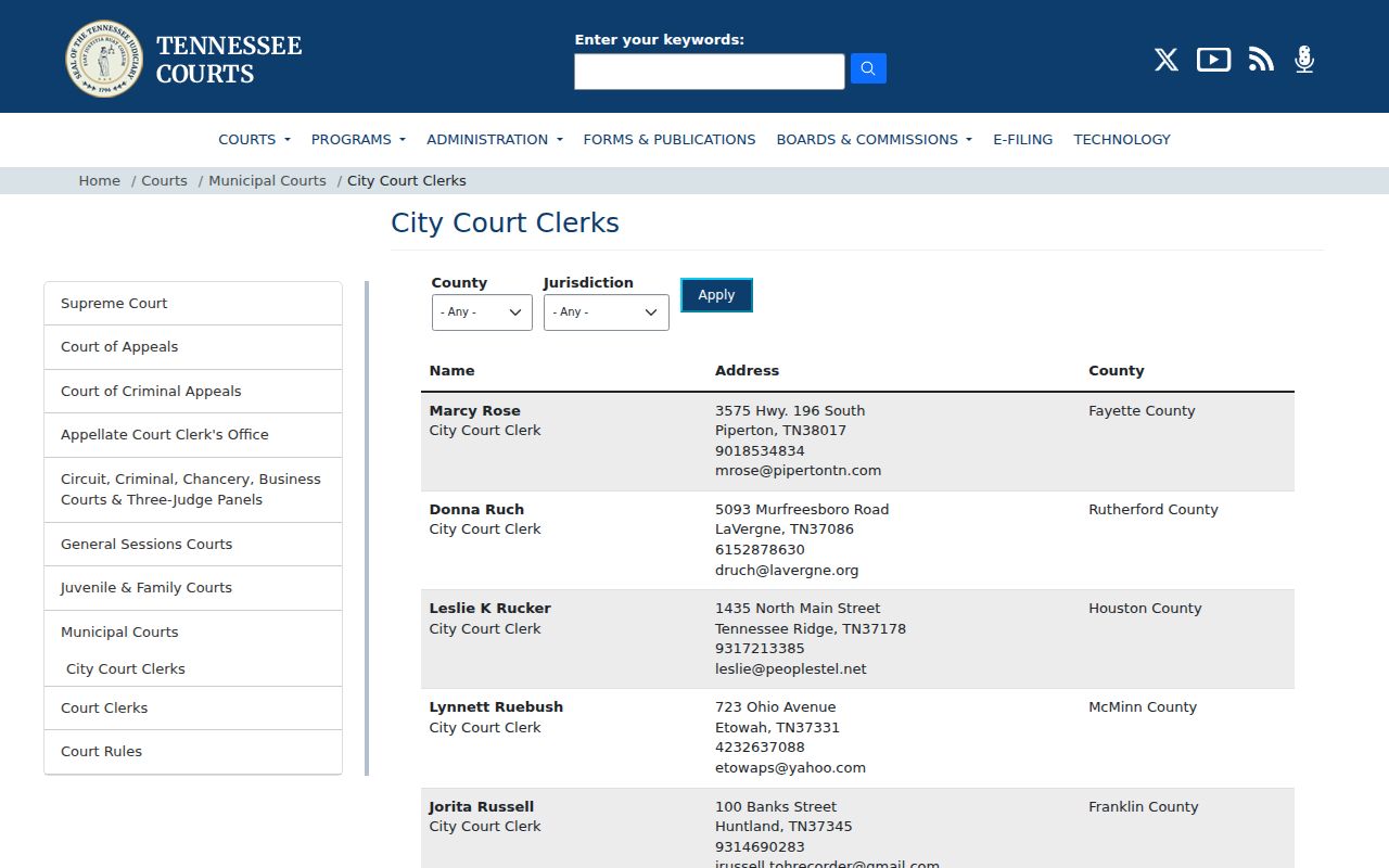 City clerk directory for Houston County criminal docket requests