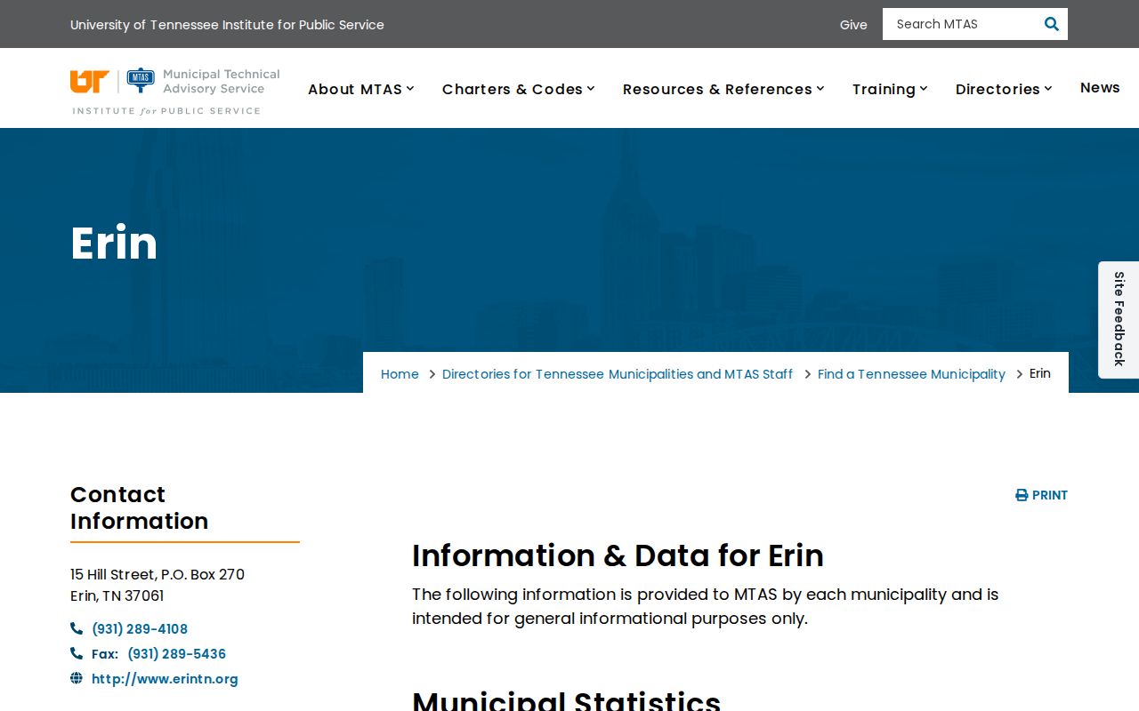 Erin court docket clerk and municipal details in the MTAS directory